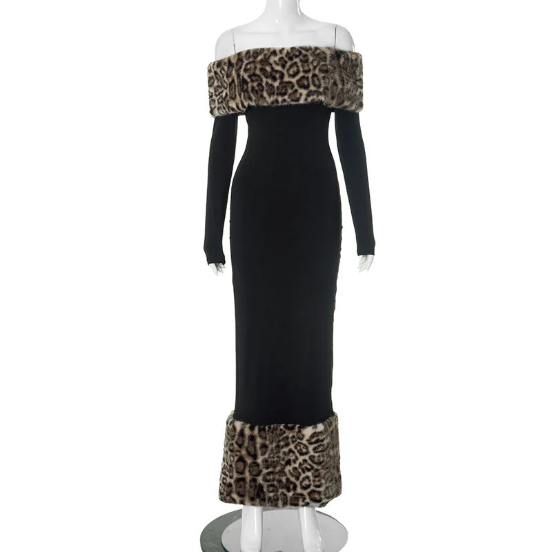 Leopard Print Fluff Spliced Maxi Dress