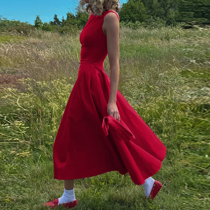 Straight Neck Flared Sleeveless Midi Dress