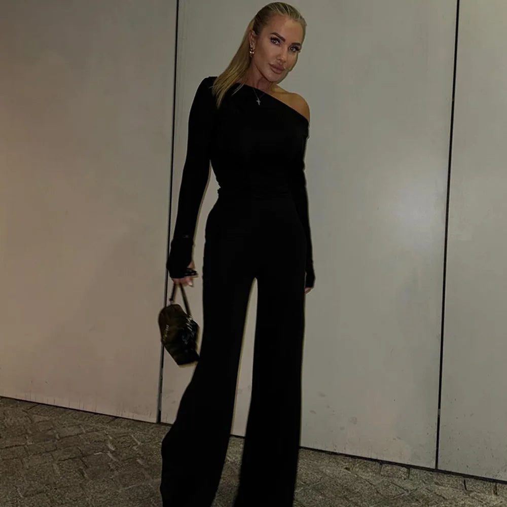 One Shoulder Flare Sleeve Top Pant Suit Party Dress