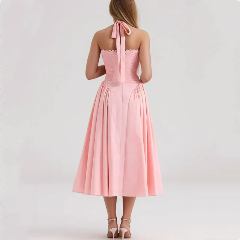 Corset Bow Halter Lace Spliced Midi Dress