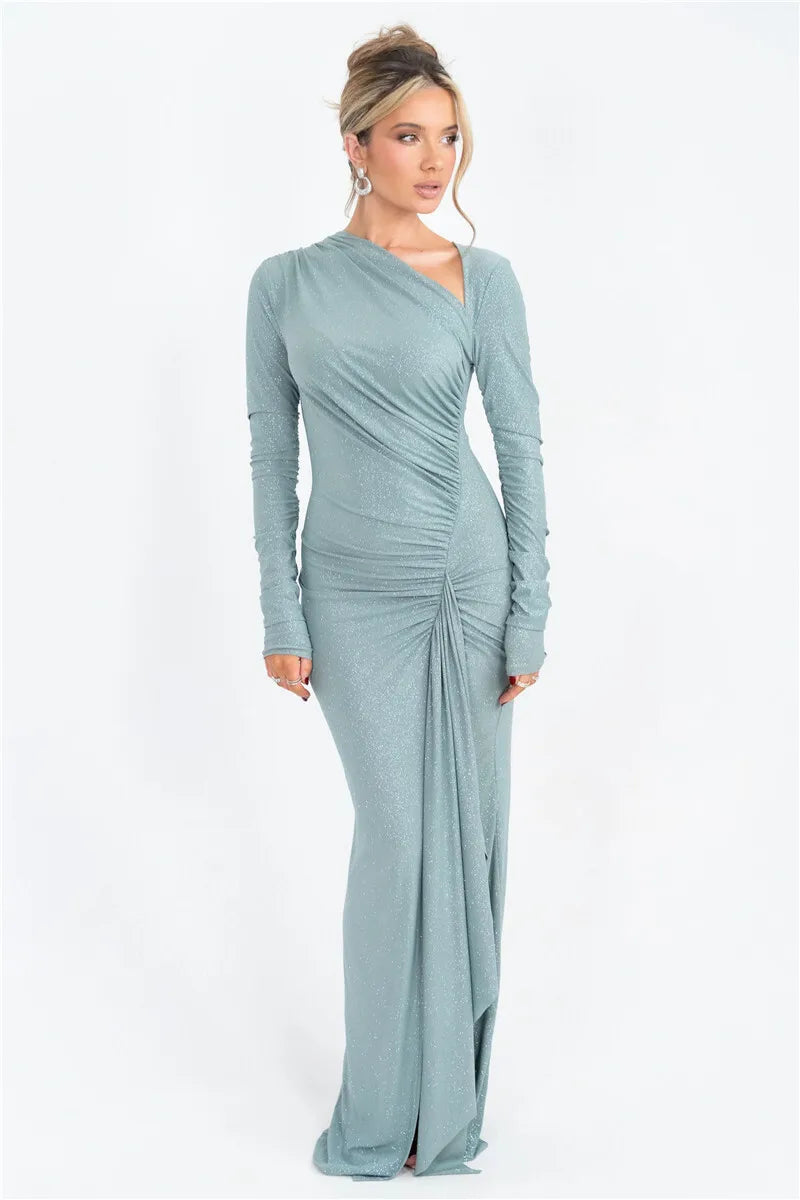 Long Sleeve Ruched Maxi Dress with Thigh Split