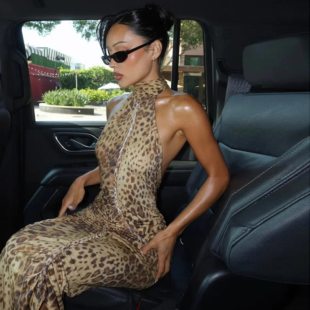 Halter Leopard Embellished Long Party Dress
