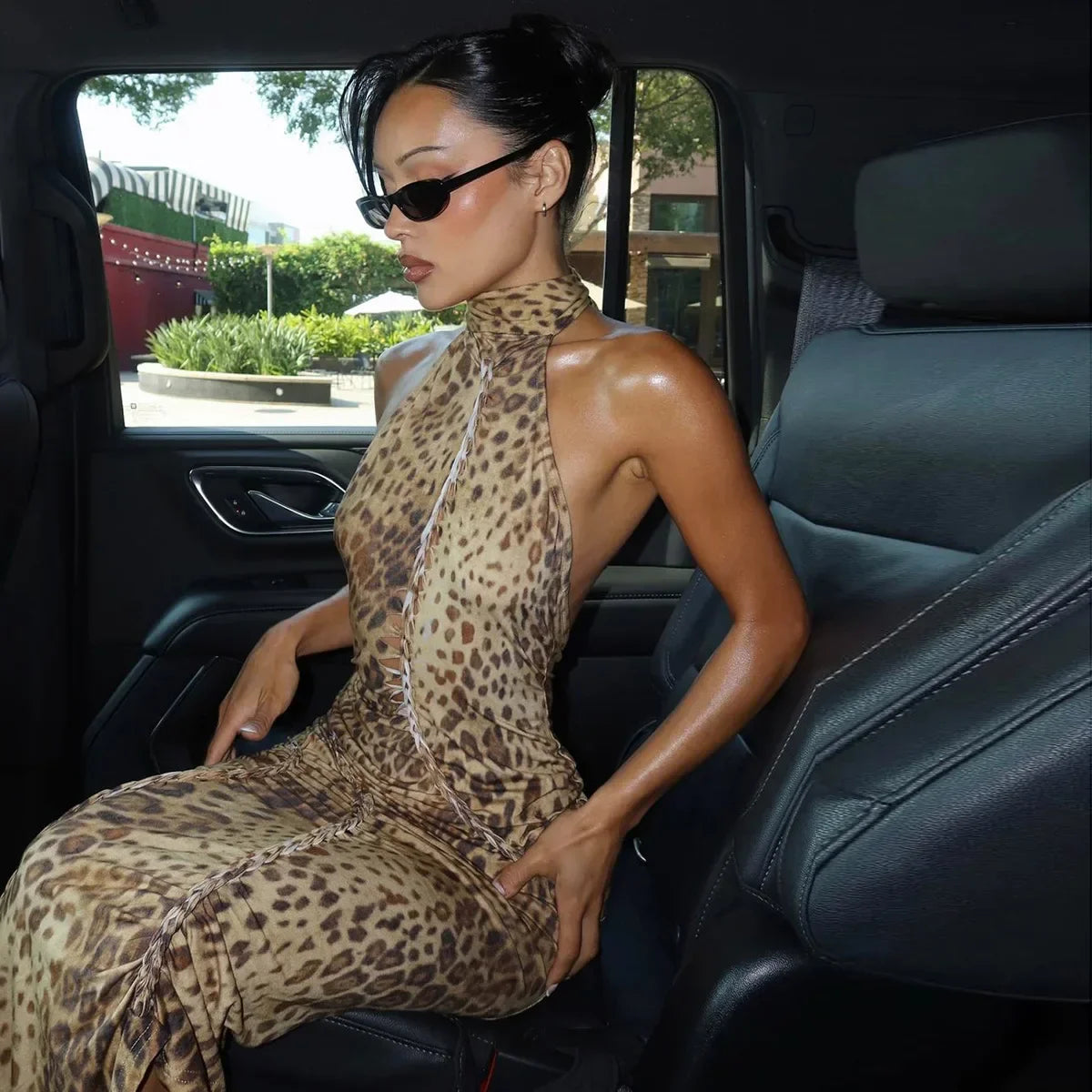 Halter Leopard Embellished Long Party Dress