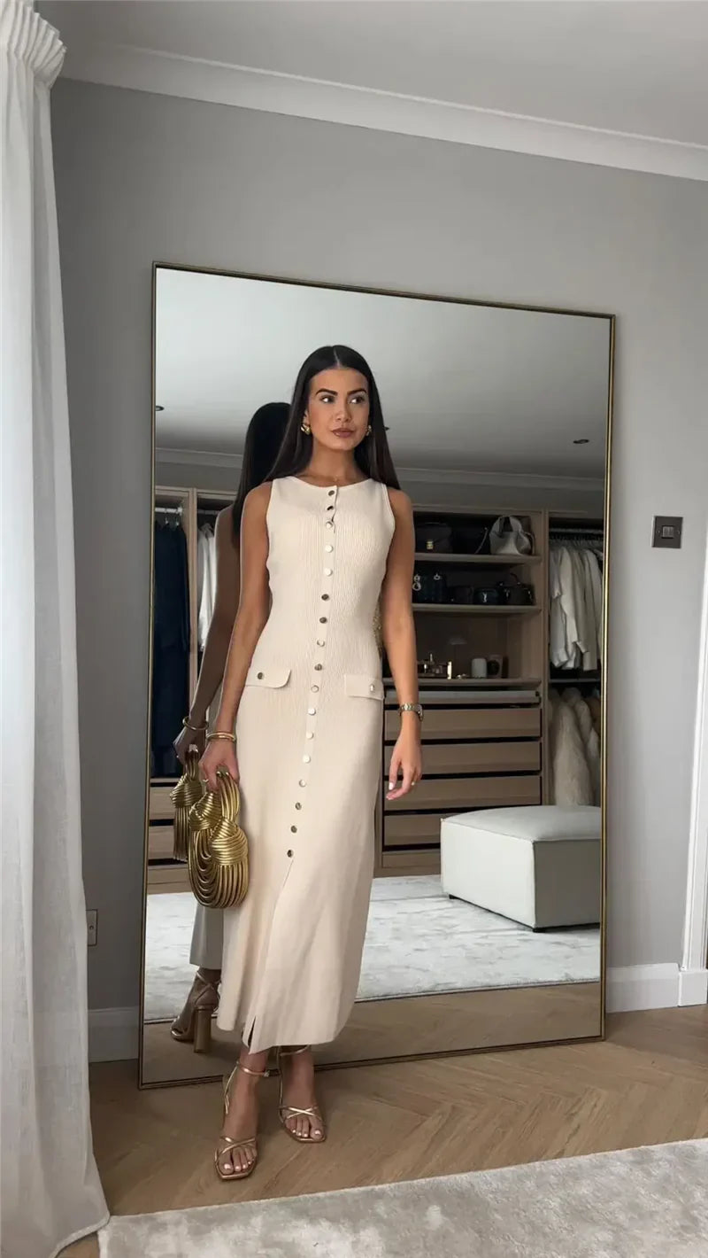 Knit Maxi Dress with Pockets Button Front