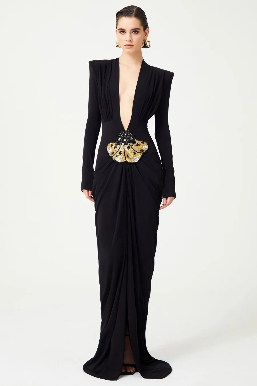 Deep V Neck Long Sleeve Black Party Maxi Dress