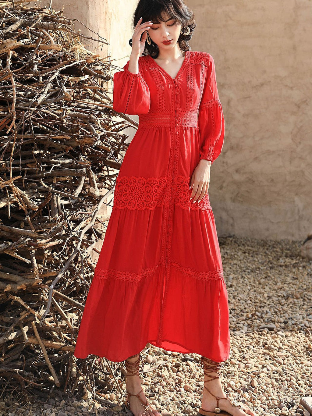Cotton Patchwork Lace Lantern Sleeve Maxi Dress