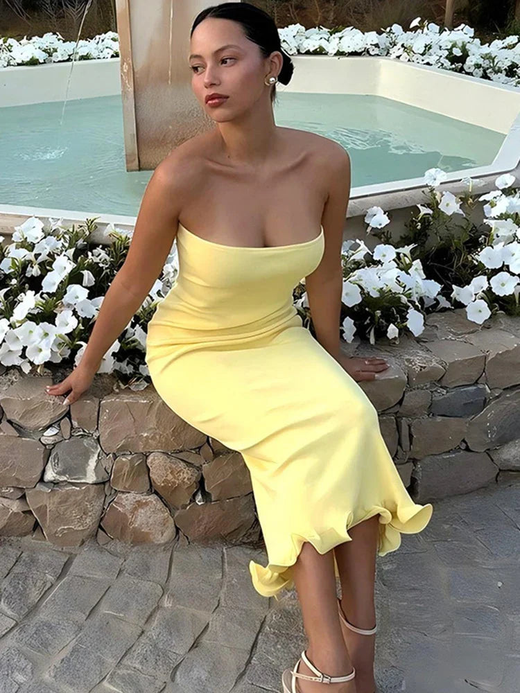 Frill Trim Tube Style Midi Dress