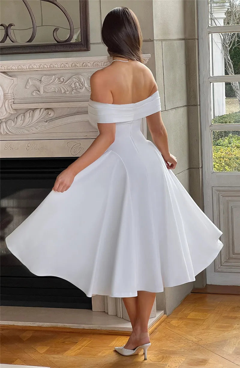 Off Shoulder Flared Elegant Midi Dress
