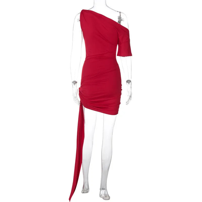 Draped Irregular Oblique Shoulder Mini Dress