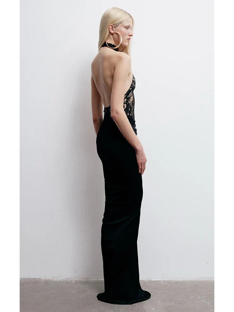 Halter Neck Lace Patchwork Black Strap Maxi Dress