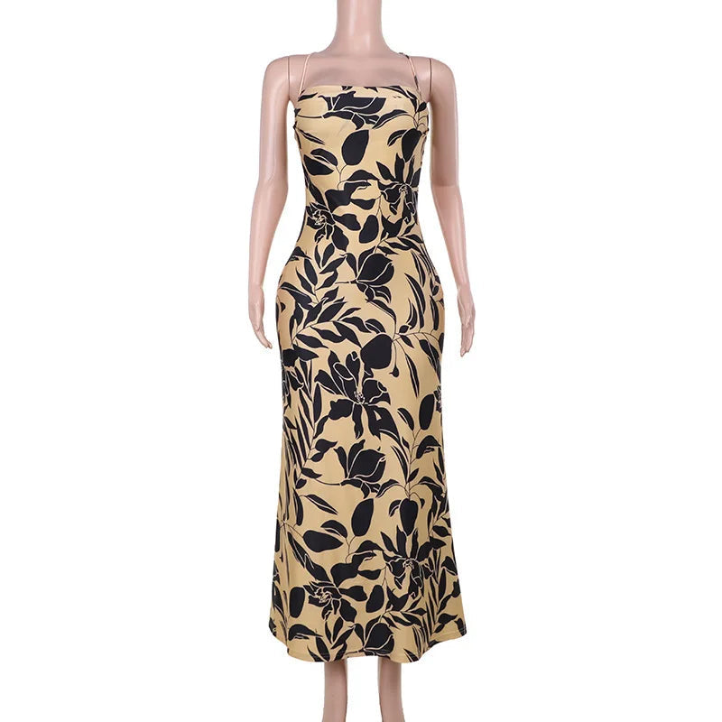 Leopard Print Bodycon Spaghetti Strap Backless Maxi Dress