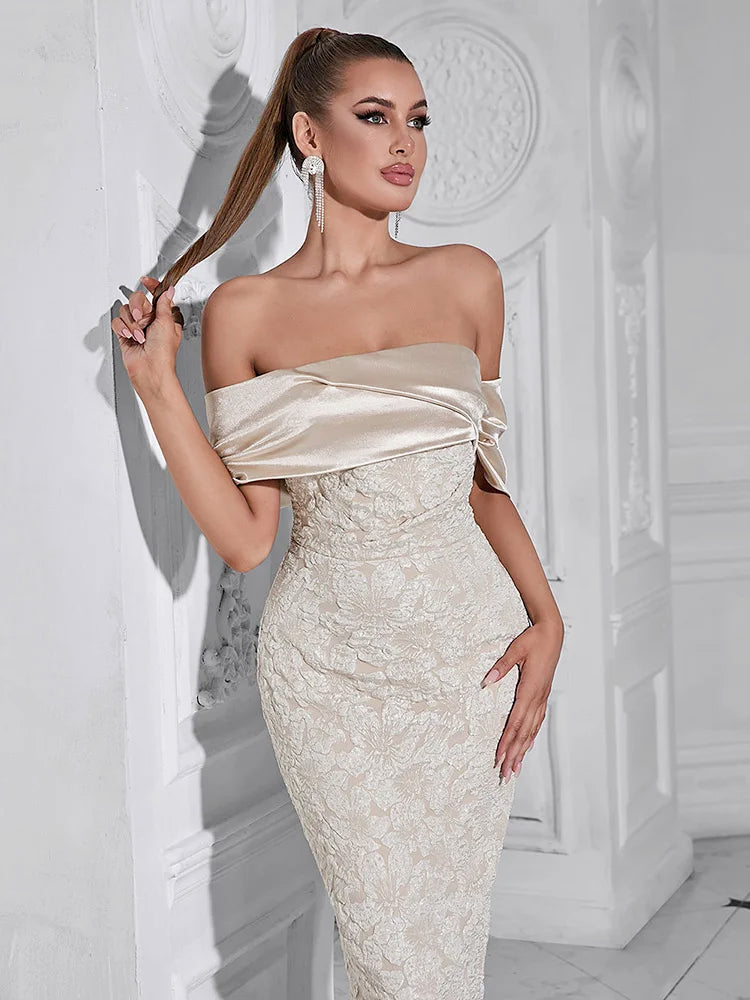 Slash Neck Embossed Flower Beige Party Dress