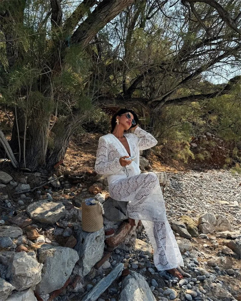 White Lace Two-Piece Loose Pants Party Dress