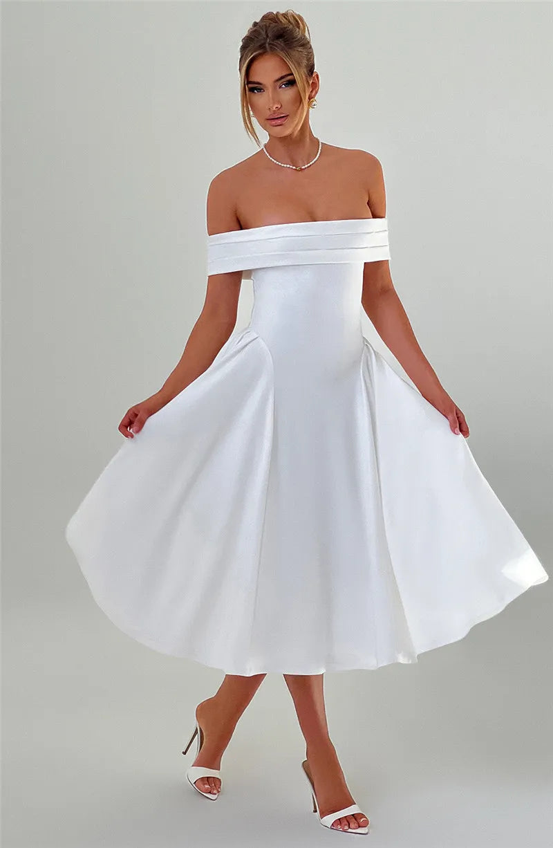 Off Shoulder Flared Elegant Midi Dress