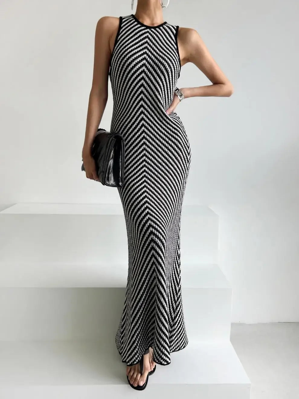 Striped Ribbed Casual Midi Dress