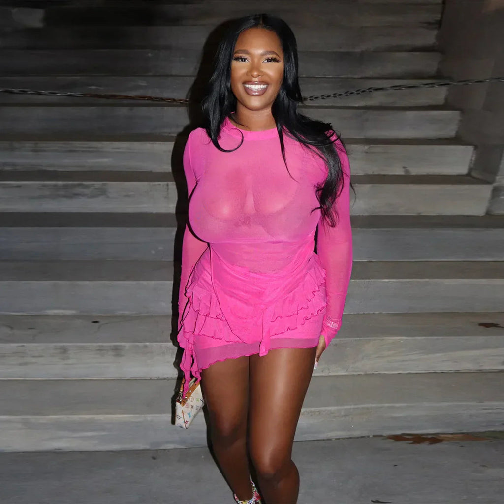 Mesh Crop Ruffle Two Piece Party Mini Dress