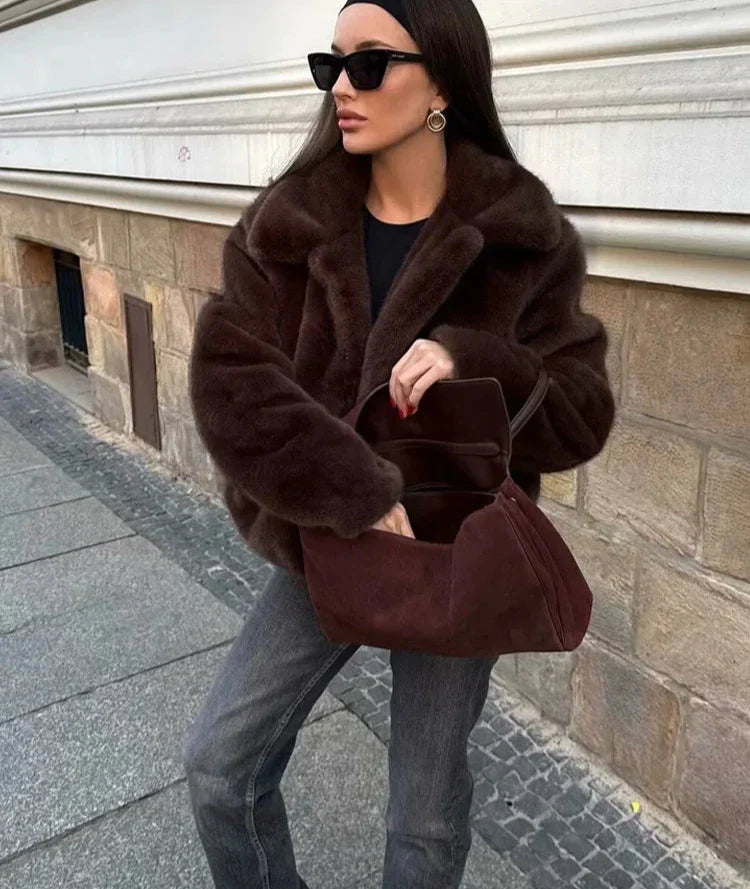 Lapel Side Pocket Faux Fur Jacket Party Dress