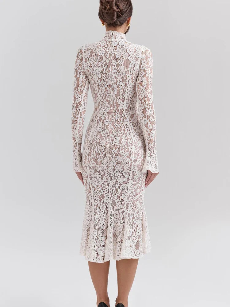 Lace White Long Sleeve Turtleneck Party Dress