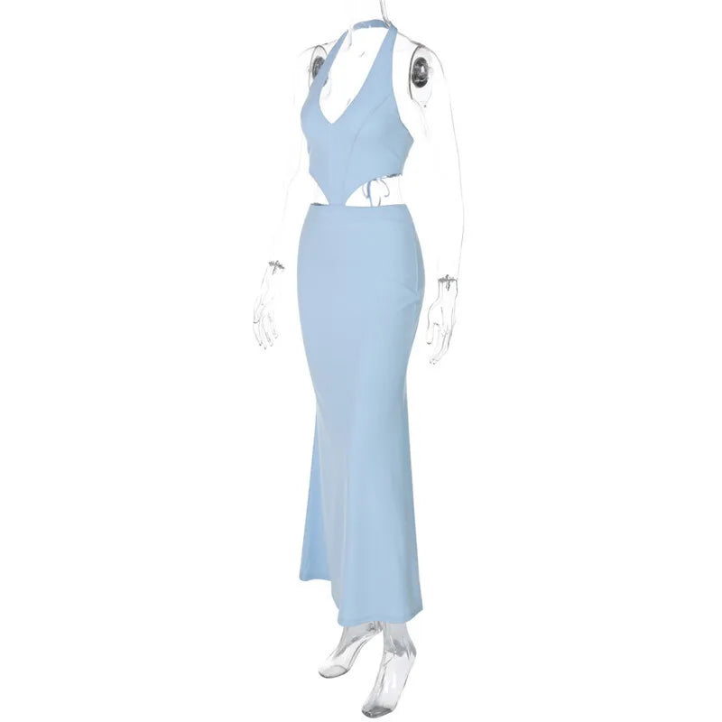 Halter Backless Blue Lace-Up Maxi Dress