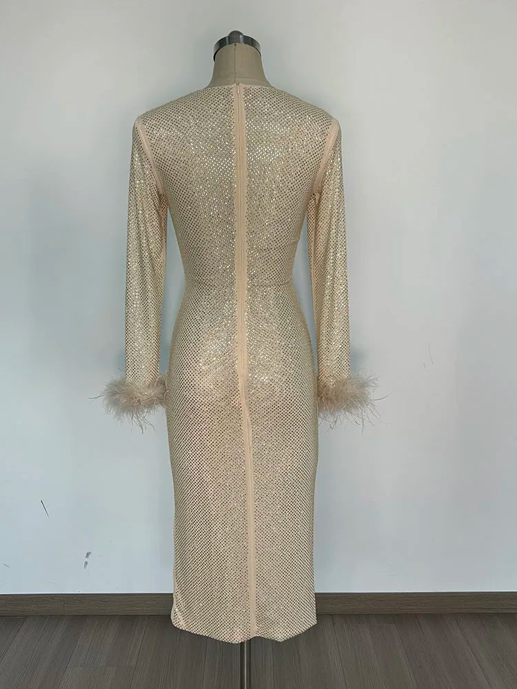 Feather Rhinestone Folded Midi Dress