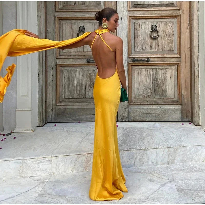 Yellow Satin Backless Lace-Up Off Shoulder Maxi Party Dress