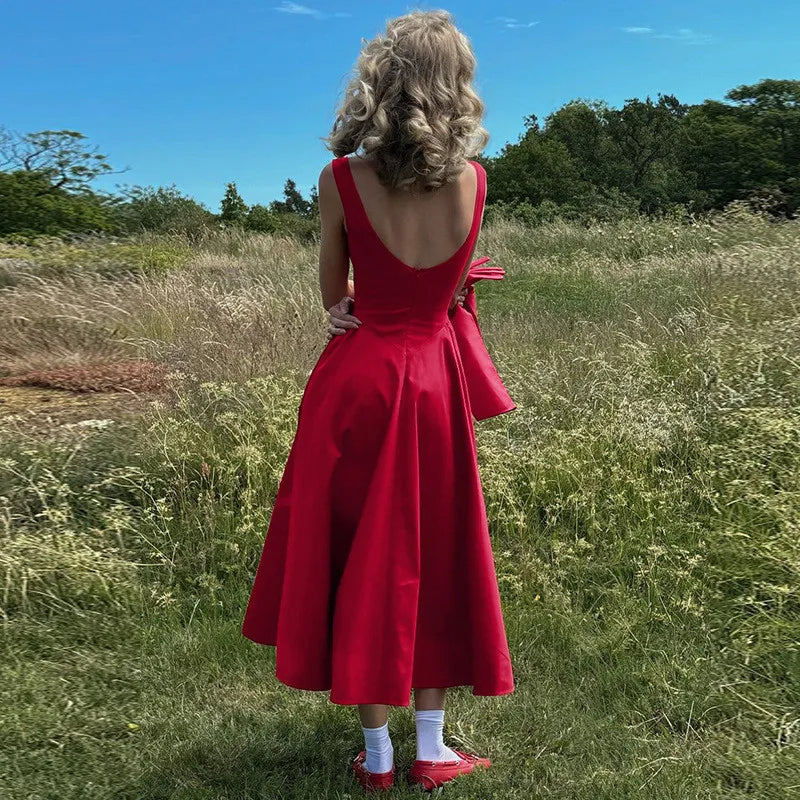 Straight Neck Flared Sleeveless Midi Dress