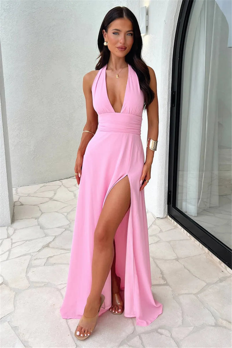 Halter Deep V Neck High Split Strap Maxi Dress