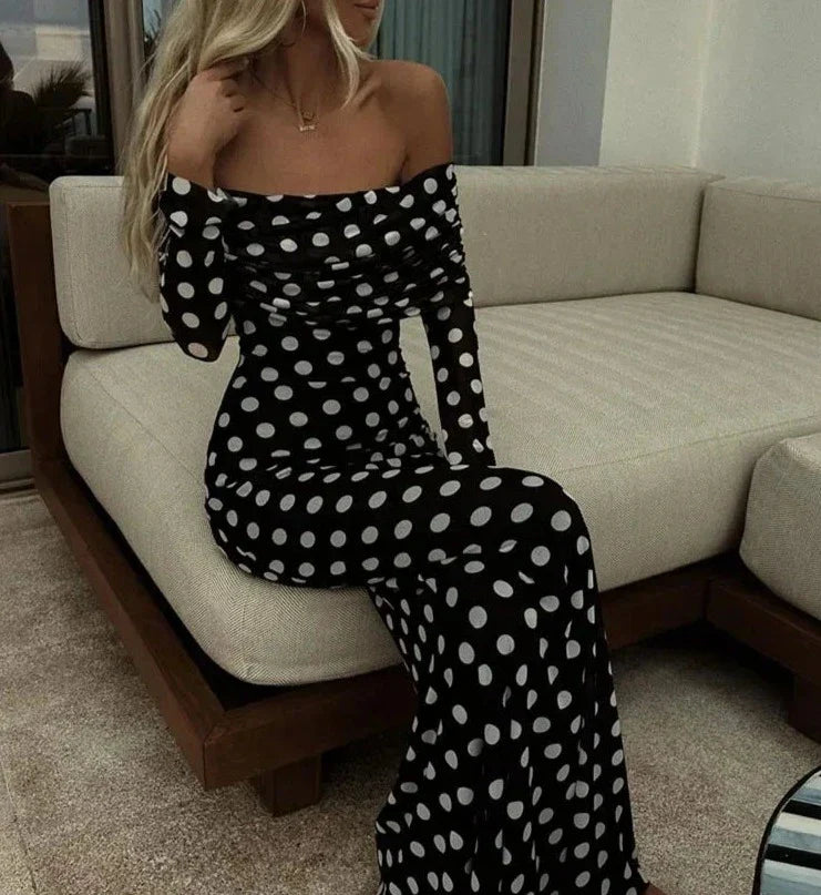 Polka Dots Off Shoulder Long Sleeve Maxi Dress