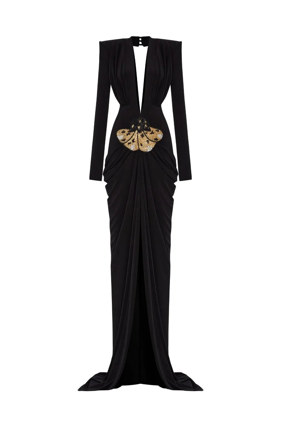Deep V Neck Long Sleeve Black Party Maxi Dress