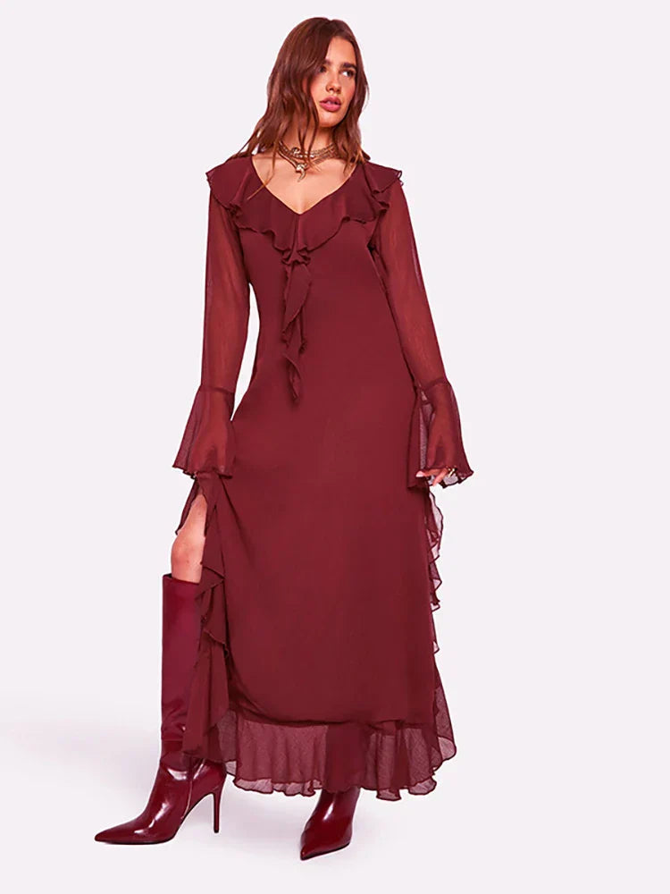 Ruffled Red Flare Sleeve Maxi Dress