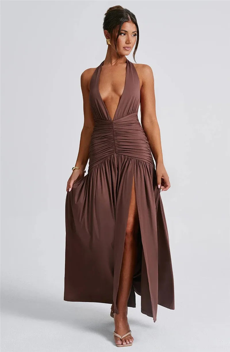 Open Back Solid Thigh High Split Party Dress