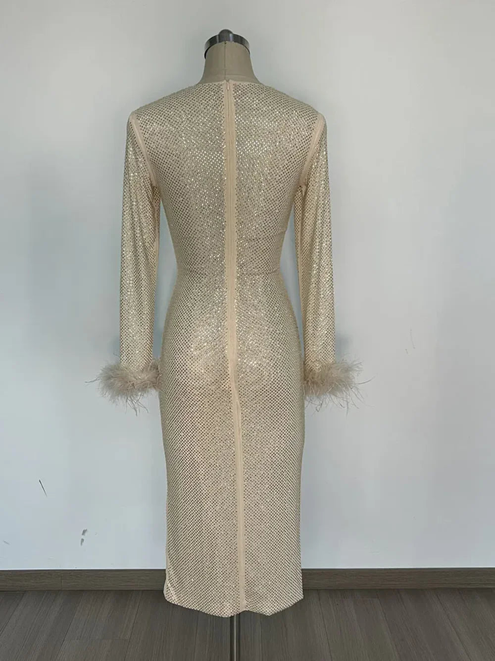 Long Sleeve Feather Rhinestone Midi Dress