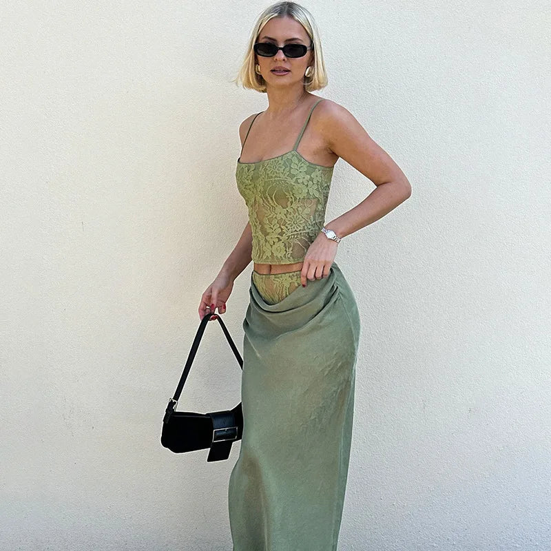 Printed Spaghetti Strap Maxi Skirt Set