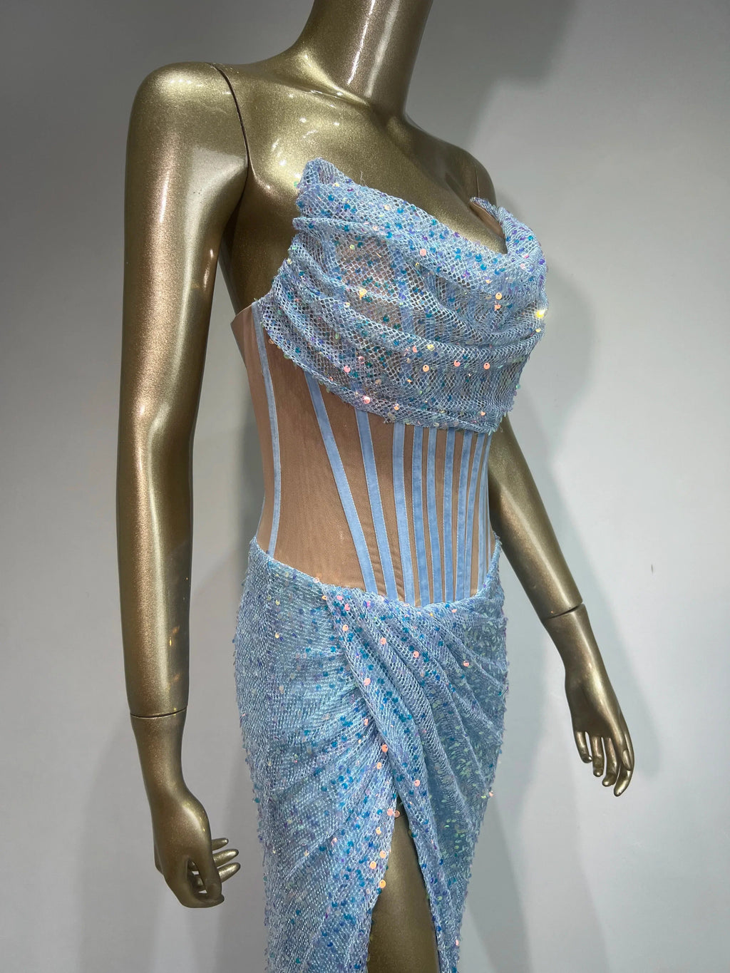 Strapless Mesh Sequin Ruffles Maxi Party Dress