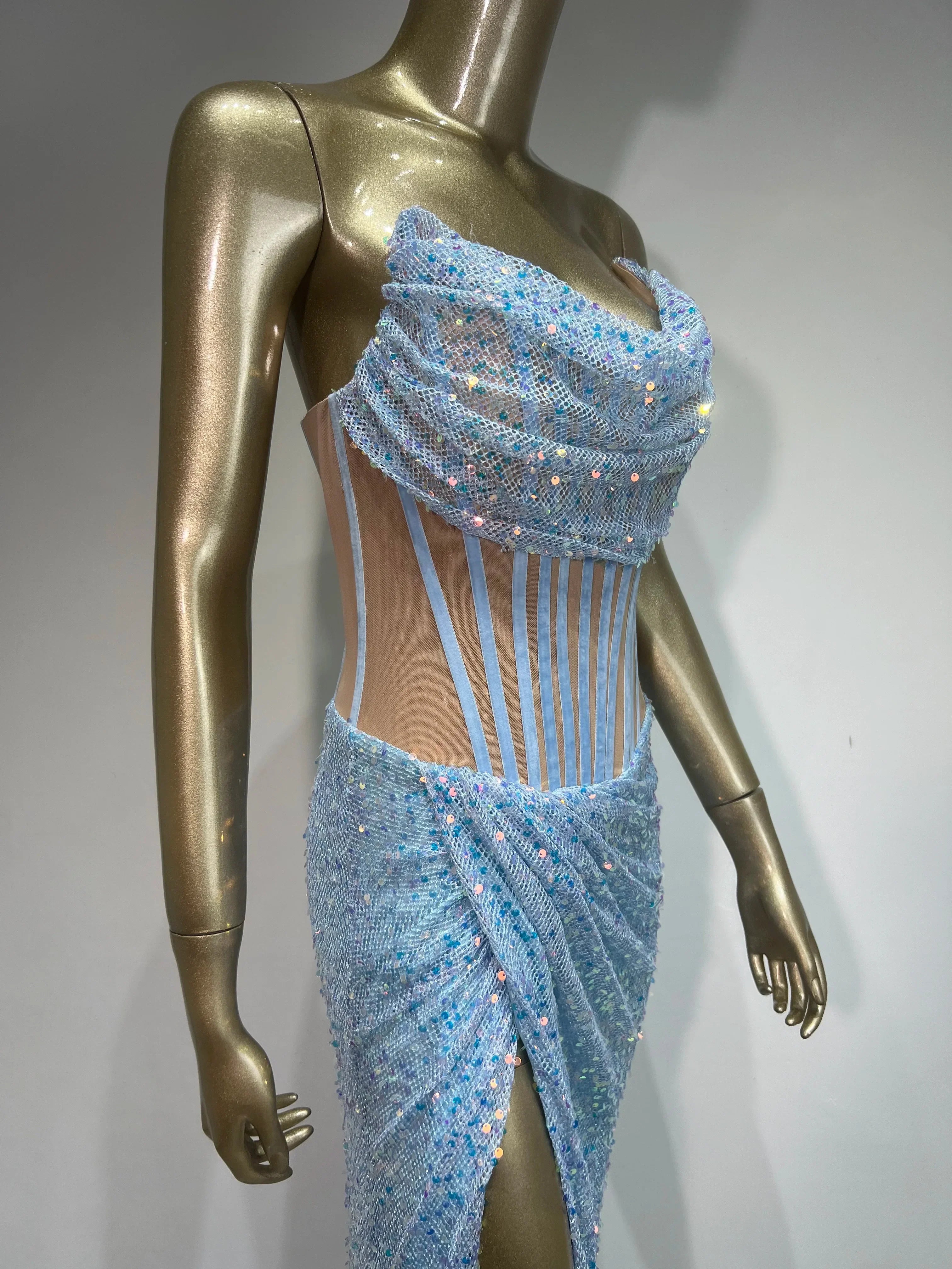 Strapless Mesh Sequin Ruffles Maxi Party Dress