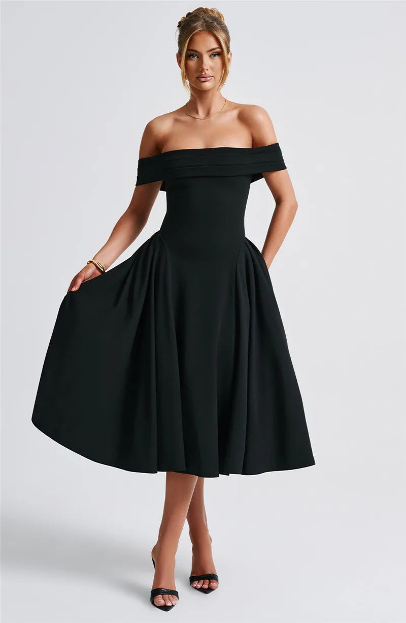 Off Shoulder Flared Elegant Midi Dress