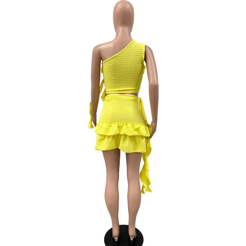 Ruffled Ribbon One Shoulder Crop Mini Dress