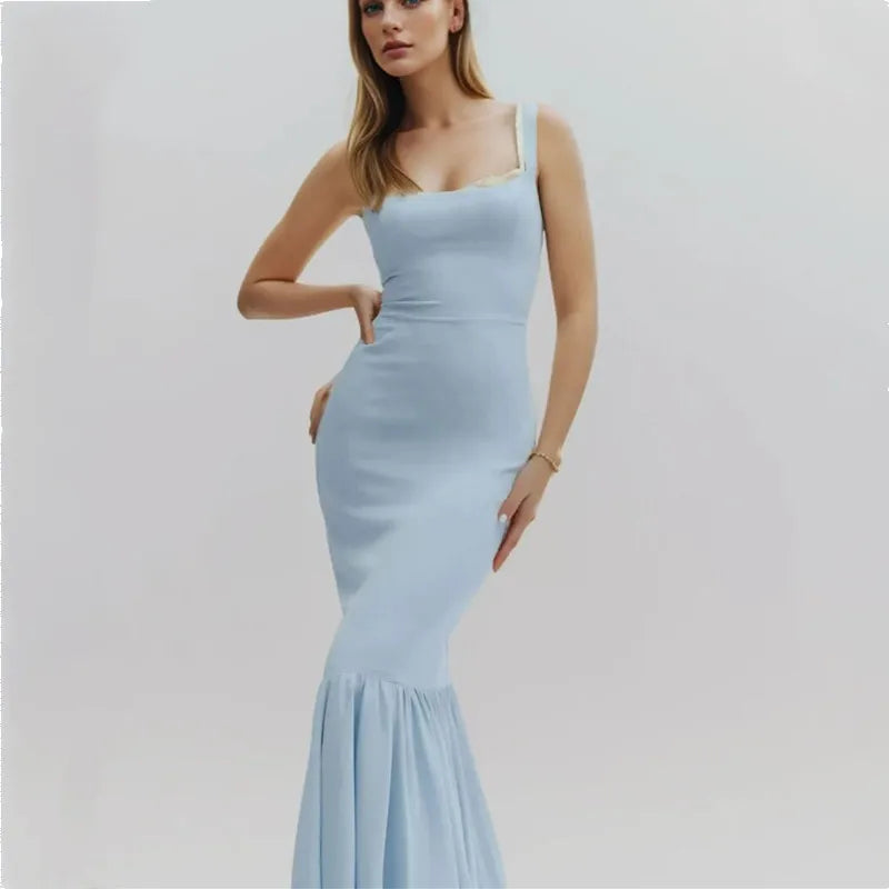 Light Blue Spliced Ruffle Hem Midi Dress