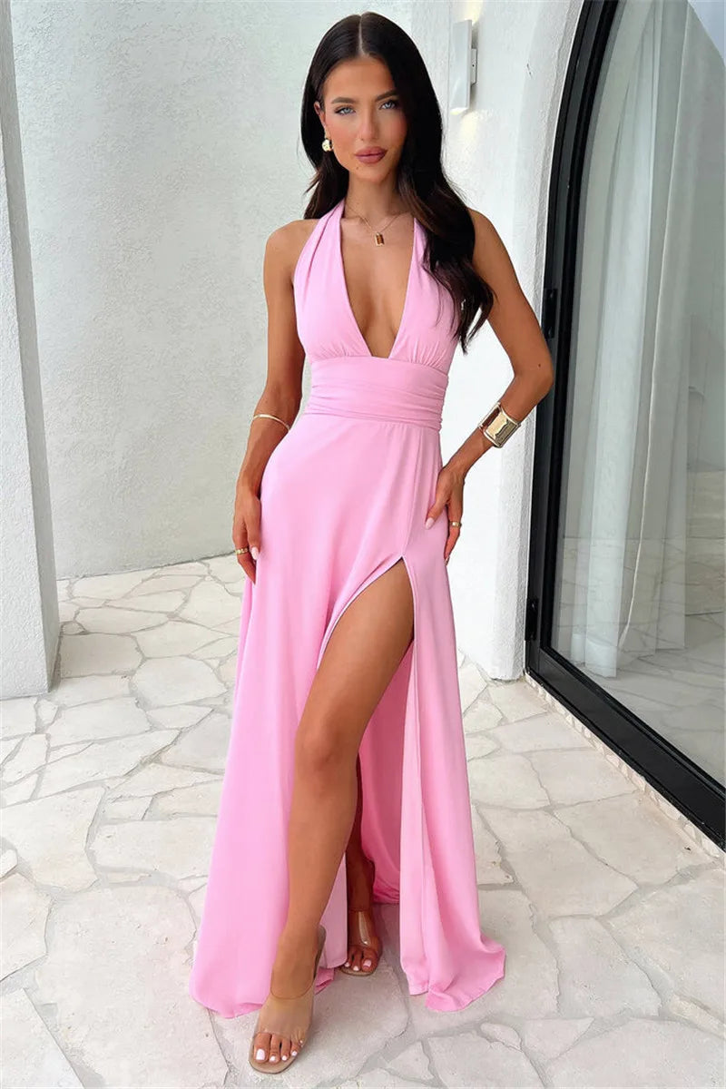 Halter Deep V Neck High Split Strap Maxi Dress