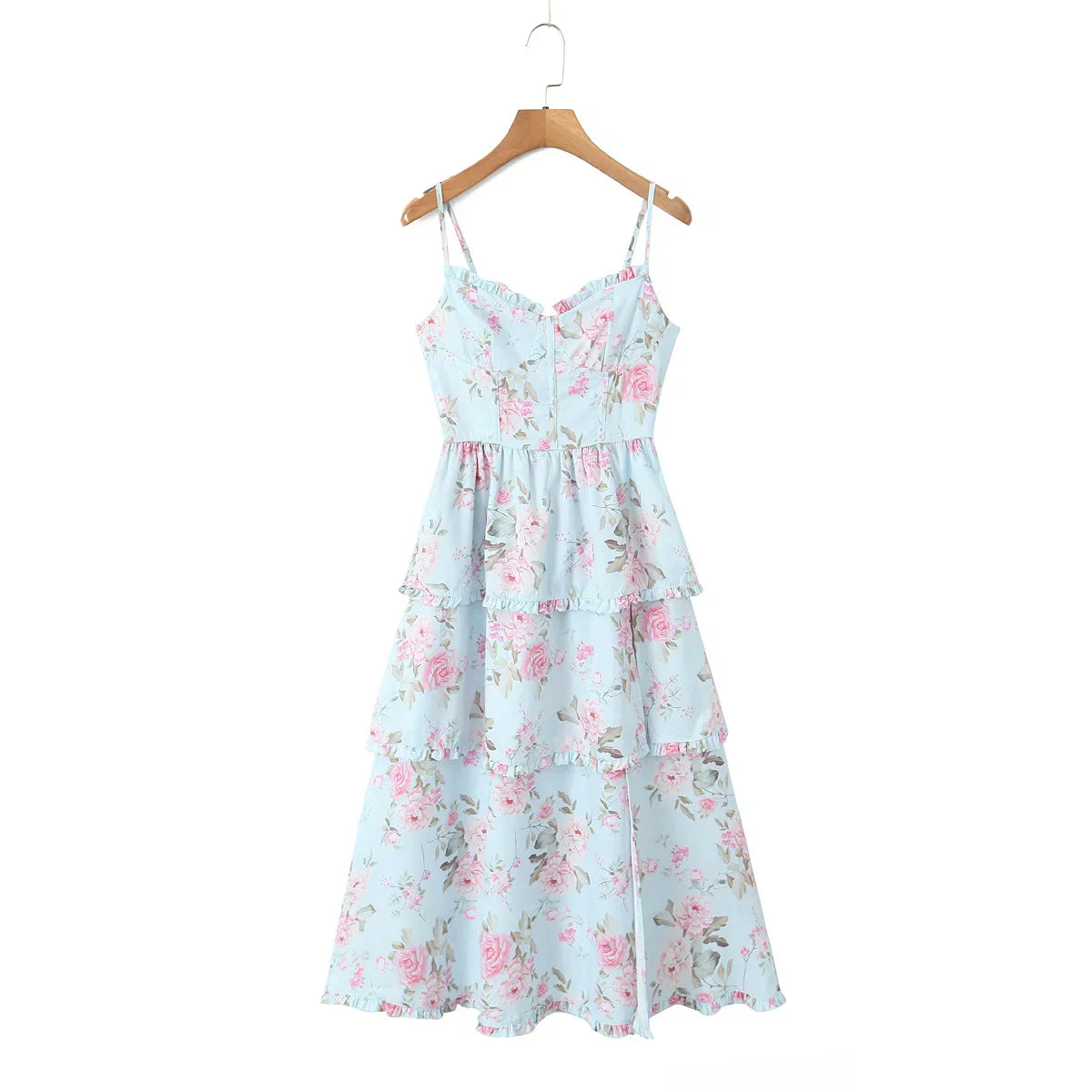 Printed Cross Lacing Back Slit Midi Dress