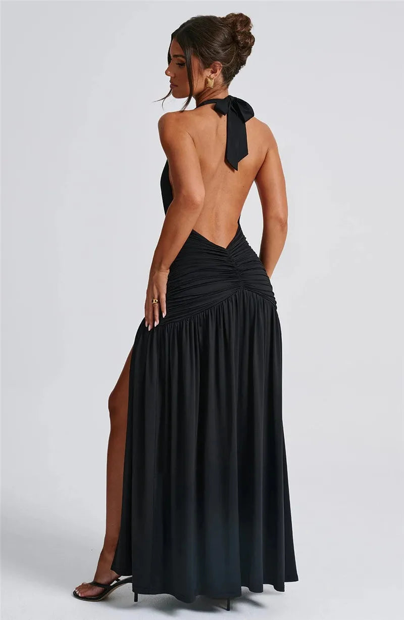 Open Back Solid Thigh High Split Party Dress