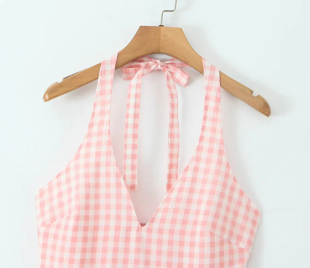 Pink White Plaid Bow Halter Midi Dress