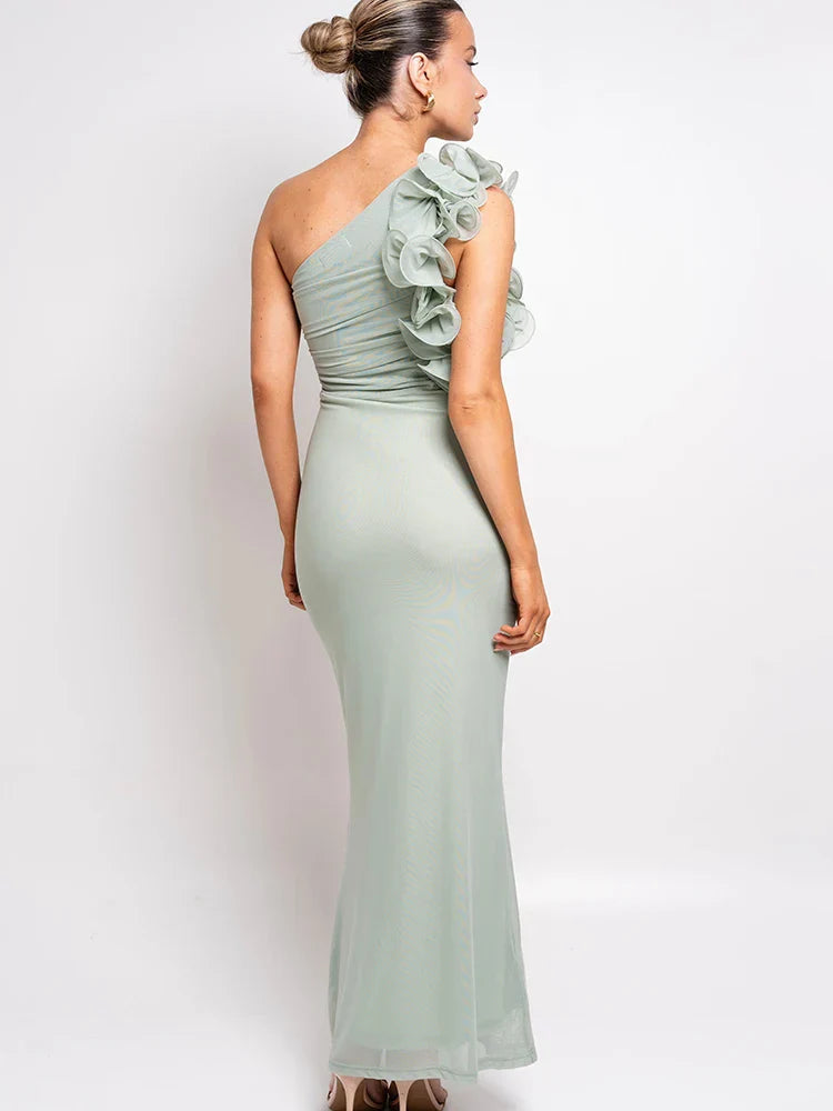 One Shoulder Ruffled Women Summer Maxi Dress