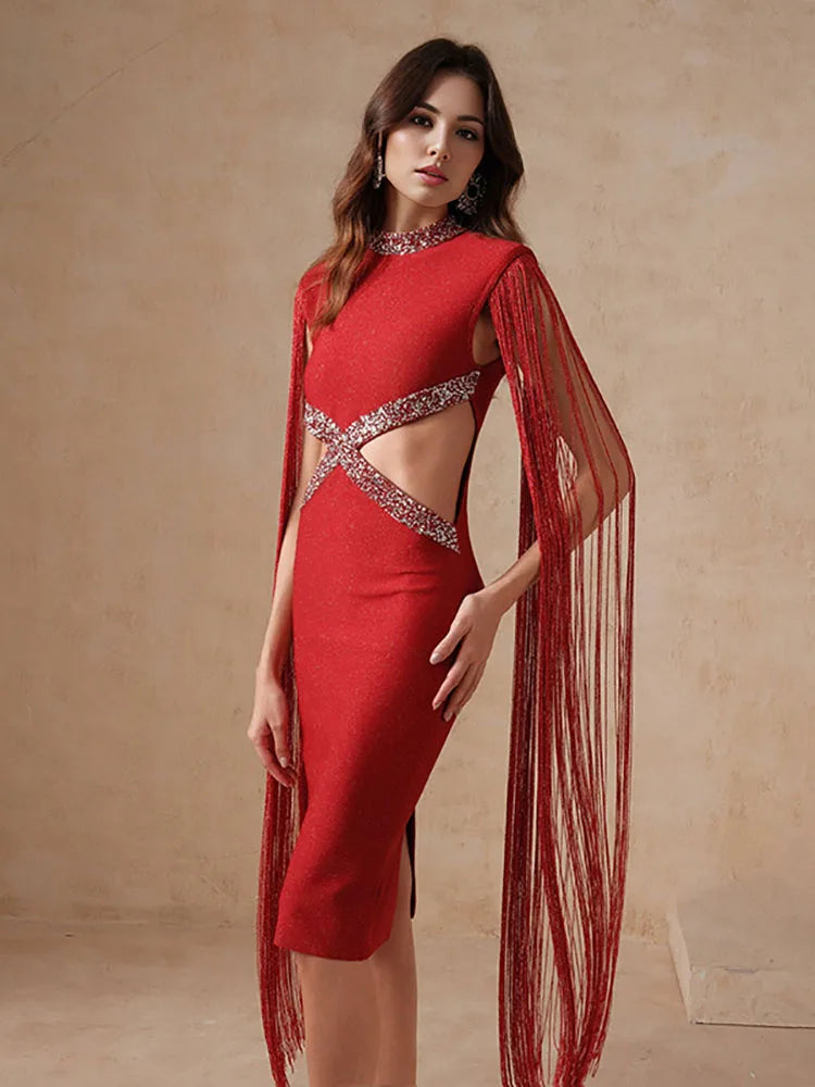 Fringe Tassel Sequin Party Midi Dress