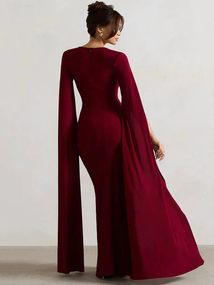 Cape Sleeve High Split Elegant Maxi Dress