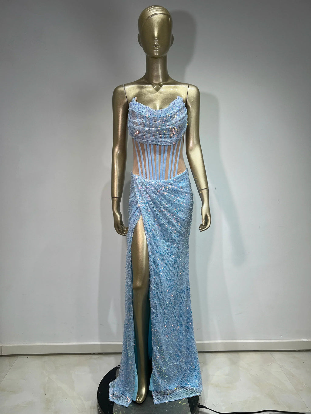 Strapless Mesh Sequins Ruffled Maxi Dress