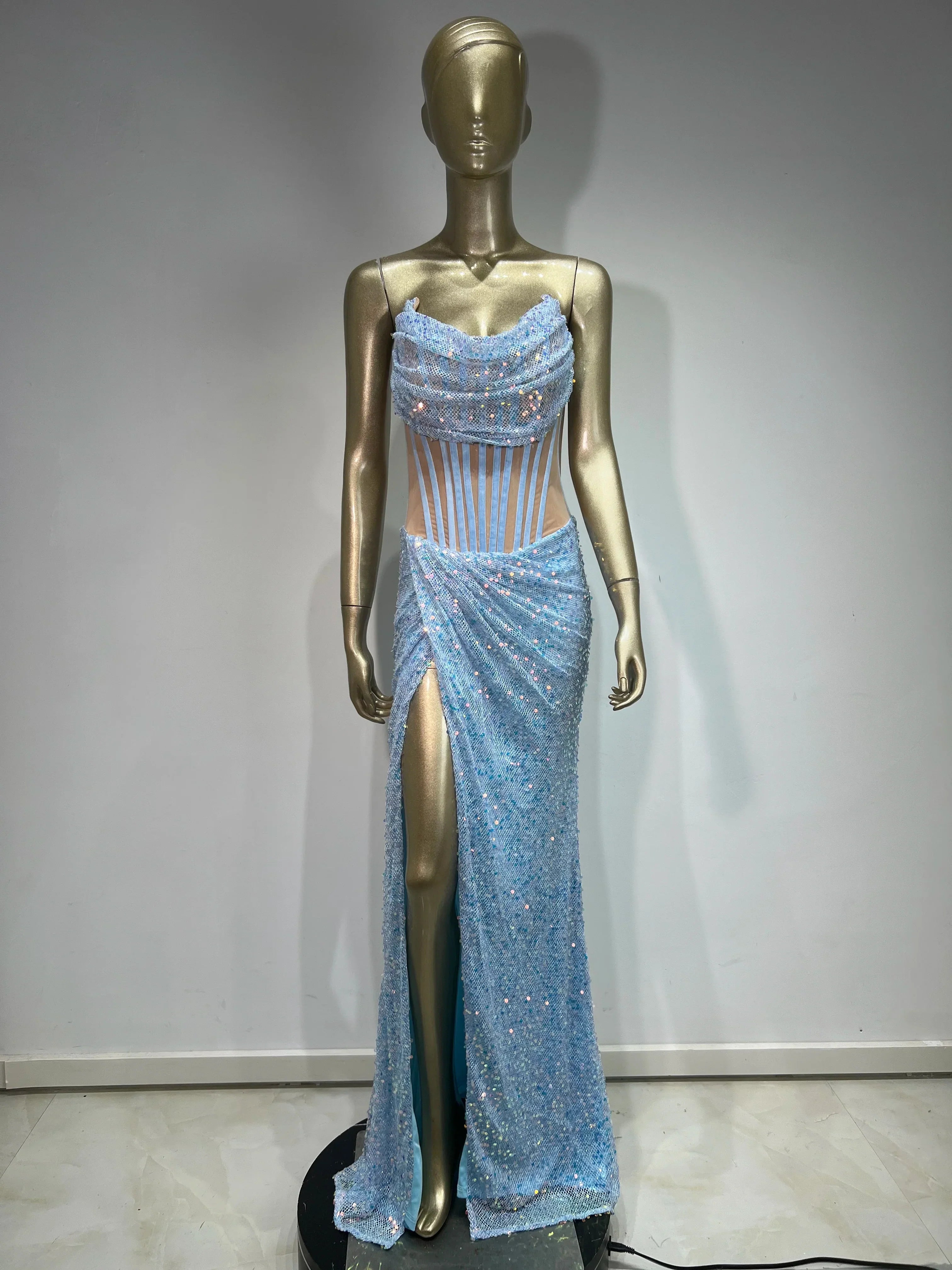 Strapless Mesh Sequin Ruffles Maxi Party Dress