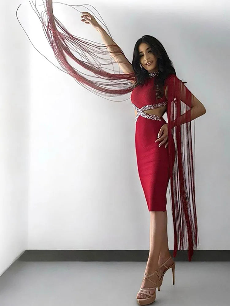 Fringe Tassel Sequin Party Midi Dress