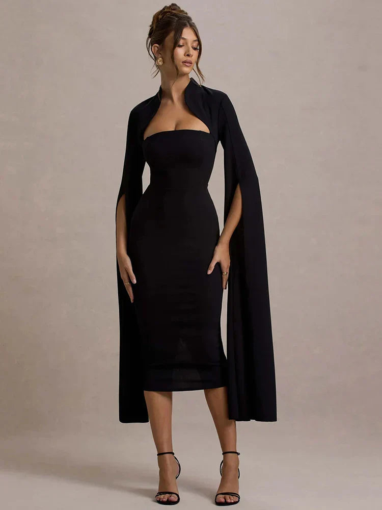 Cape Sleeve Square Neck Elegant Midi Dress