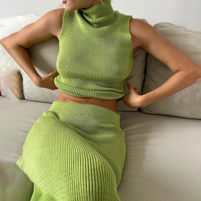 Solid Tank Top Midi Skirt 2pcs Set Dress